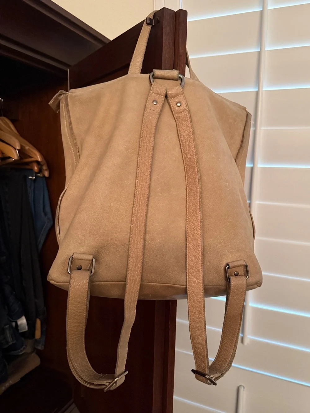 Eileen Fisher Tan Suede Leather Backpack Purse Foldover Minimalist